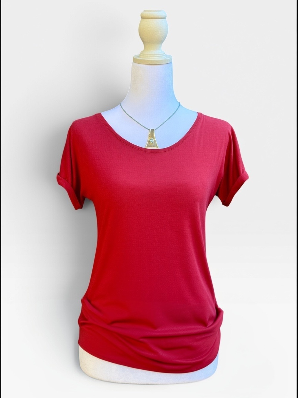 Massimo Dutti Oxblood Lyocell Cotton Scoop Neck Tee with Gold Button Rolled Slee